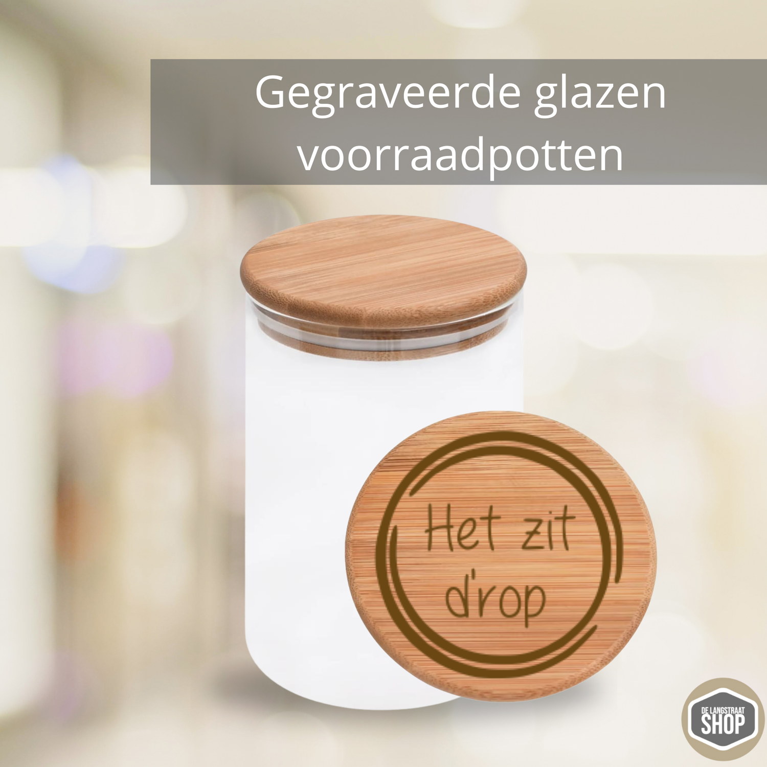 Gegraveerde glazen voorraadpot met houten deksel – stijlvol en persoonlijk