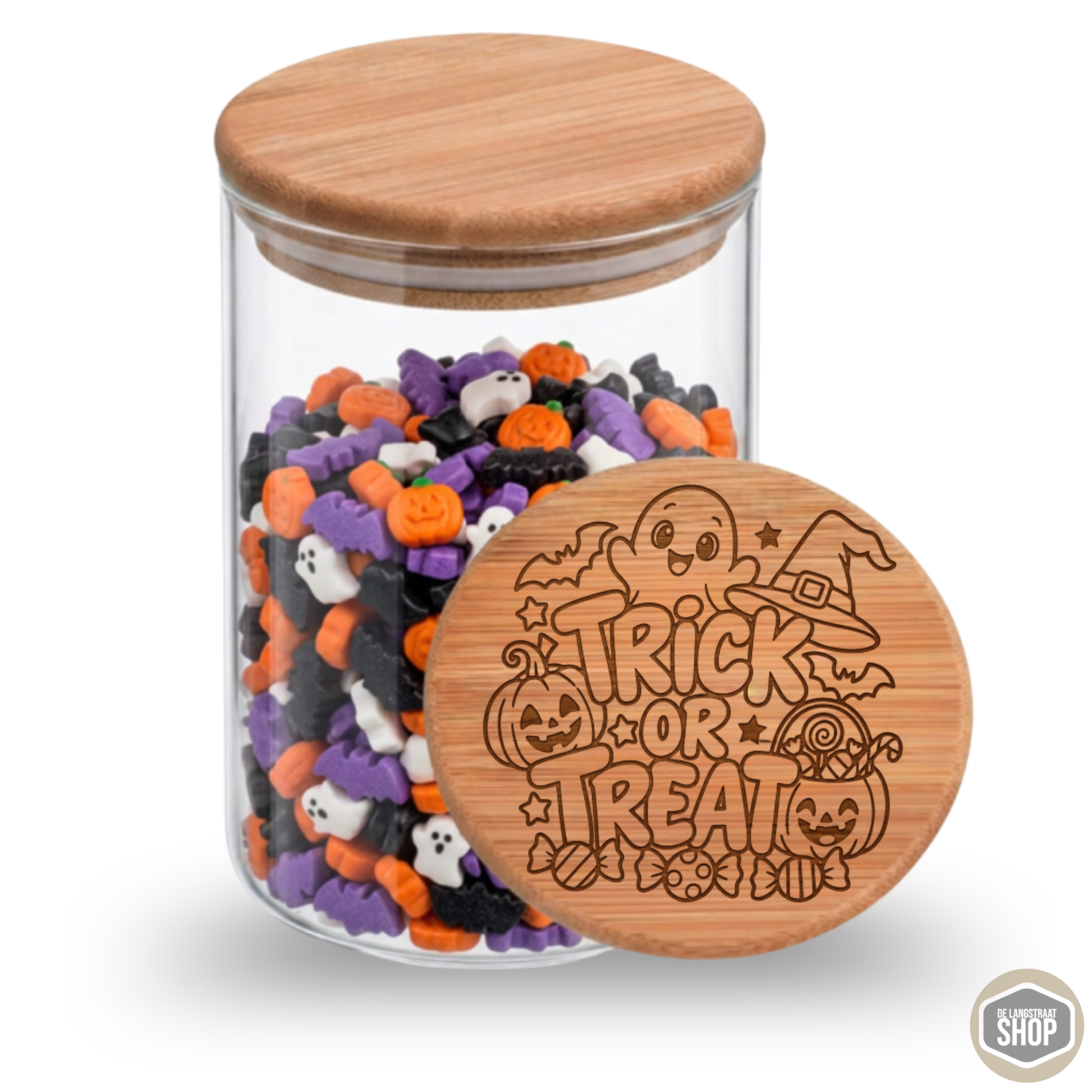 Halloween snoeppot van glas met houten deksel en Halloween gravure