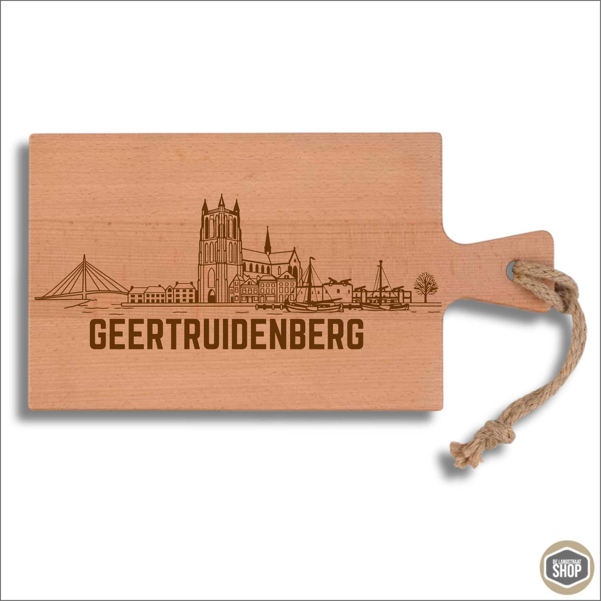 Gegraveerde houten borrelplank met skyline van Geertruidenberg