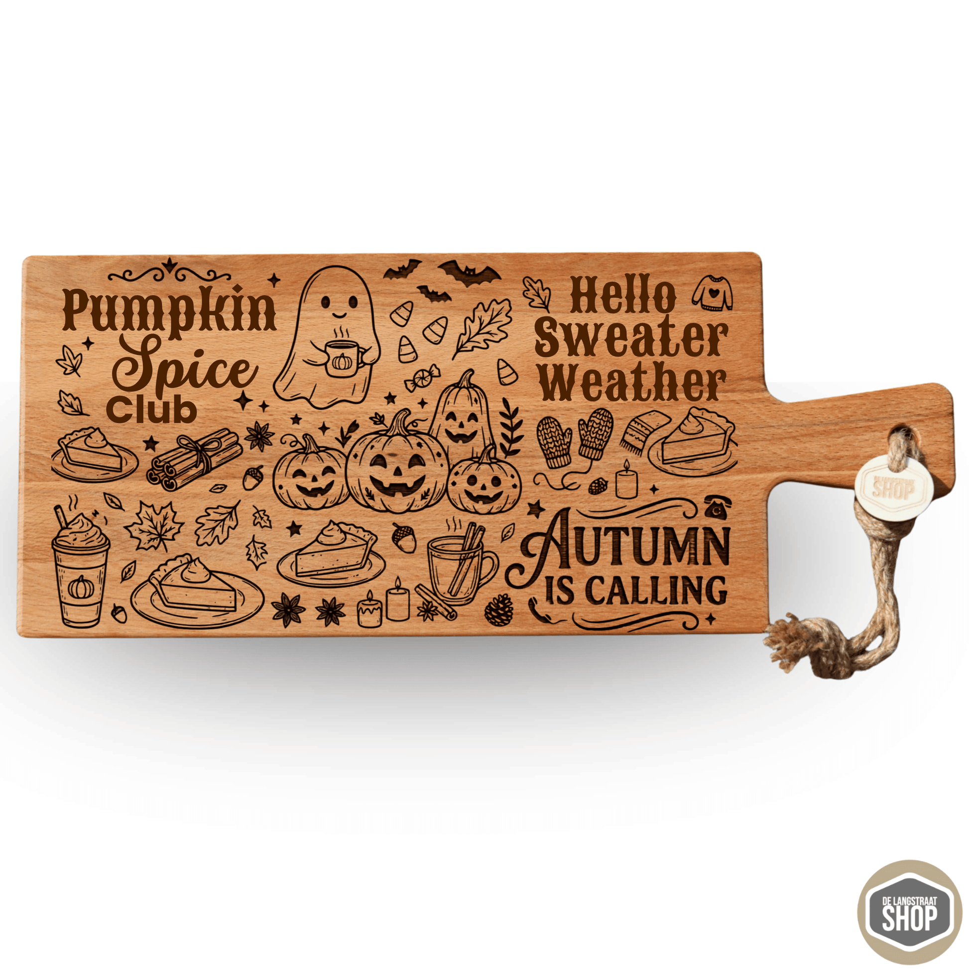 Sweater Weather herfst borrelplank van beukenhout met sfeervolle herfstgravure