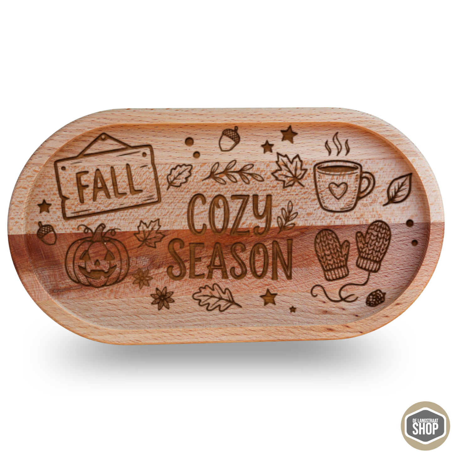 Houten herfst koffietray van beukenhout met sfeervolle herfstgravure
