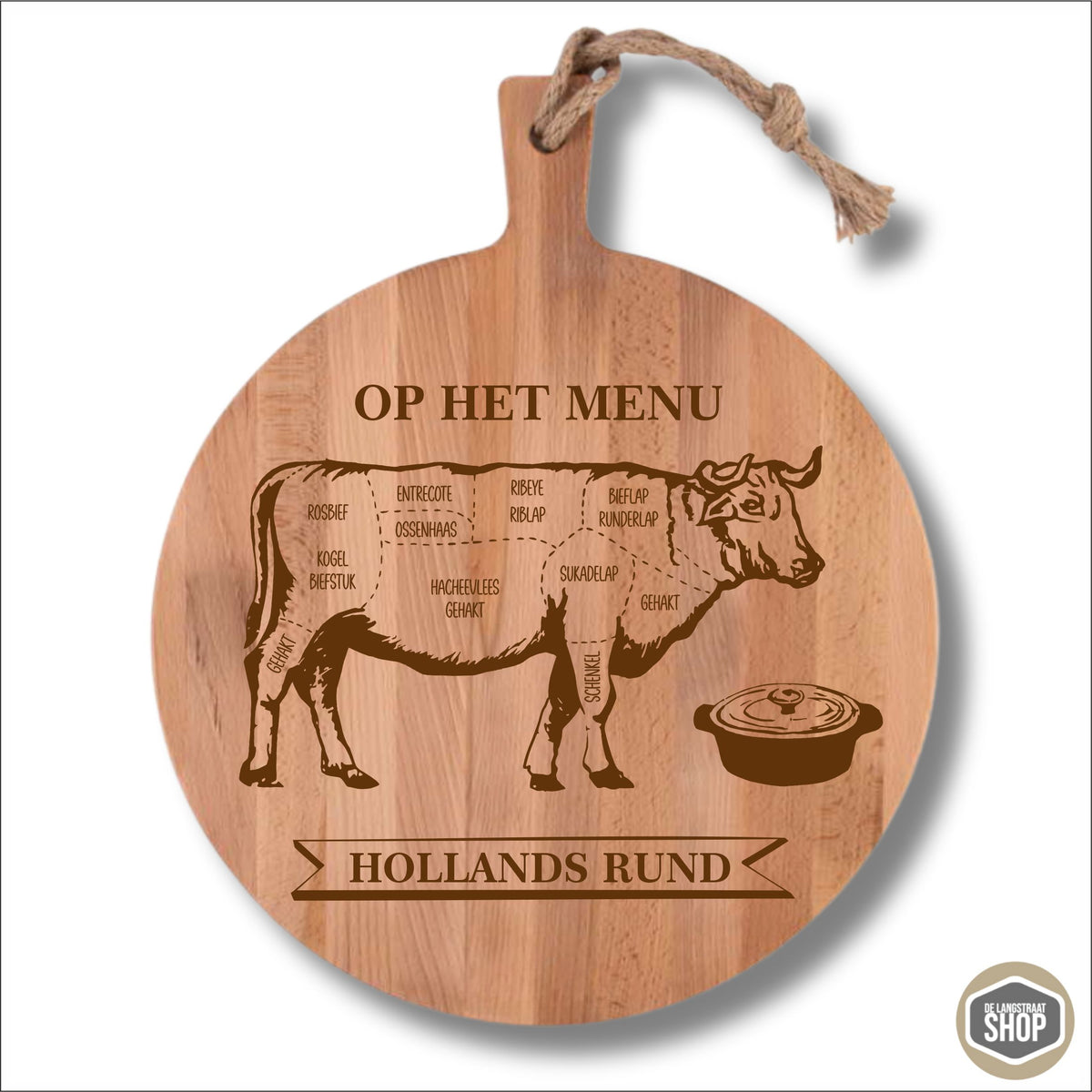 Houten borrelplank met klassieke gravure van een rund en verschillende stukken vlees