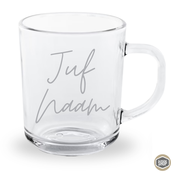 Gegraveerd theeglas met tekst Juf, 230 ml, vaatwasserbestendig