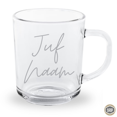 Gegraveerd theeglas met tekst Juf, 230 ml, vaatwasserbestendig