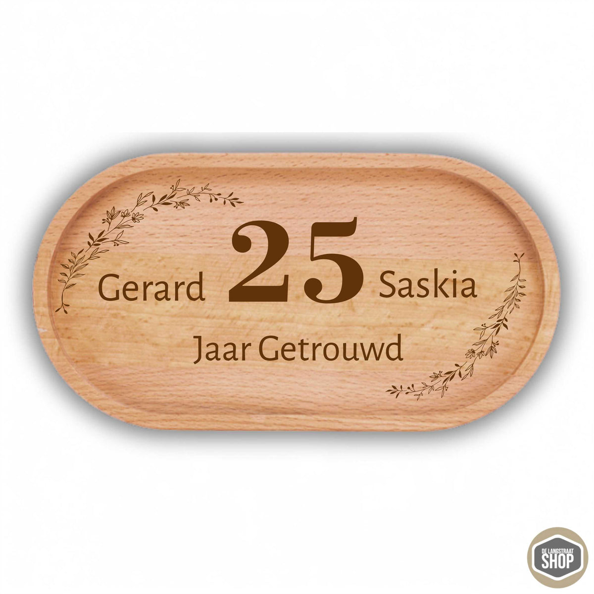 Koffietray van beukenhout met gravure, gebruikt als jubileumcadeau.