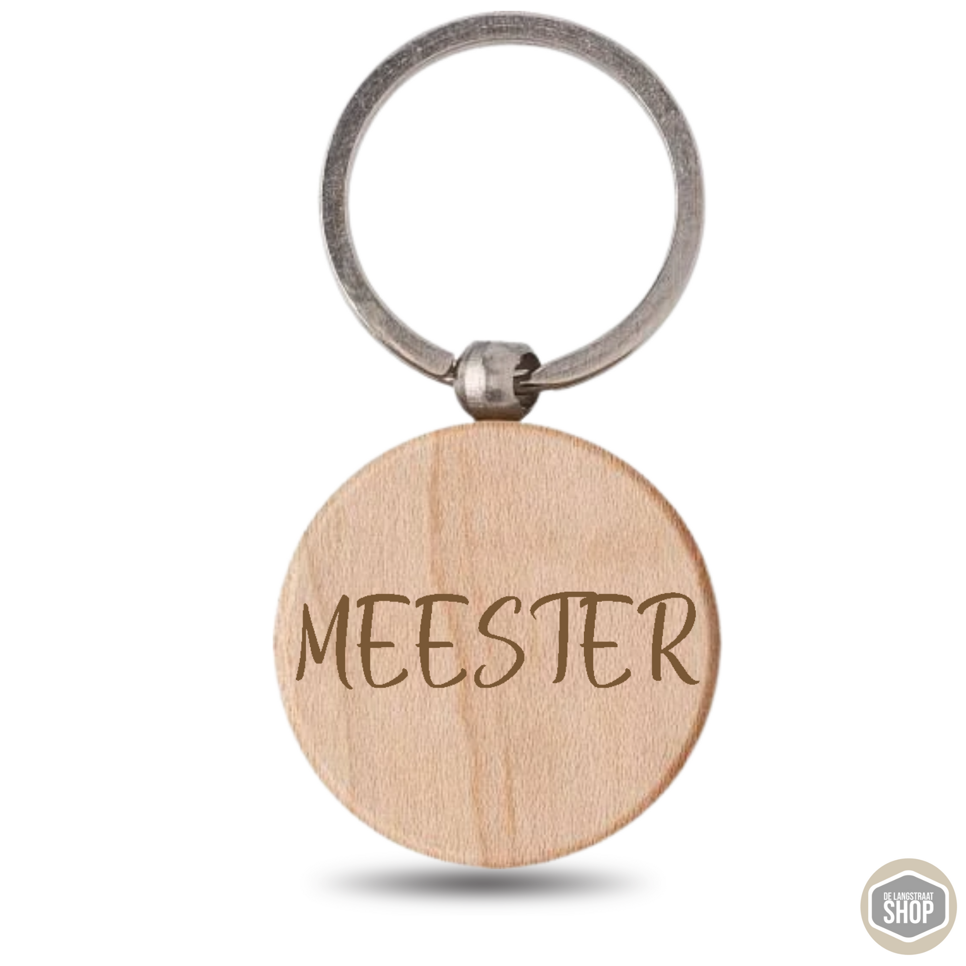 Houten sleutelhanger juf of meester van beukenhout met gravure en sleutelring