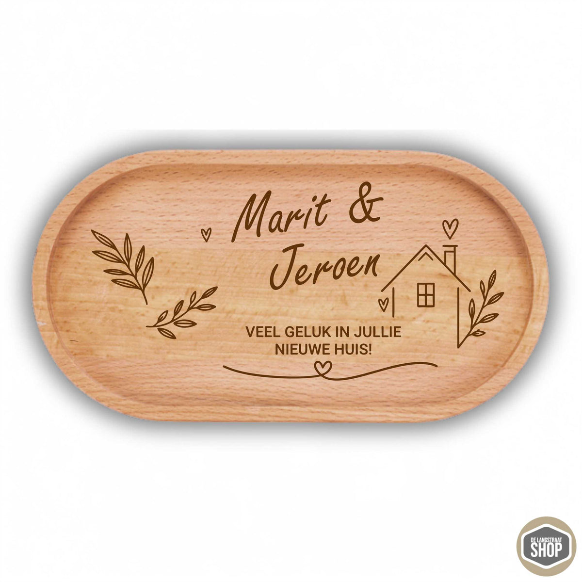 Houten koffietray met naam en gravure voor een nieuw huis