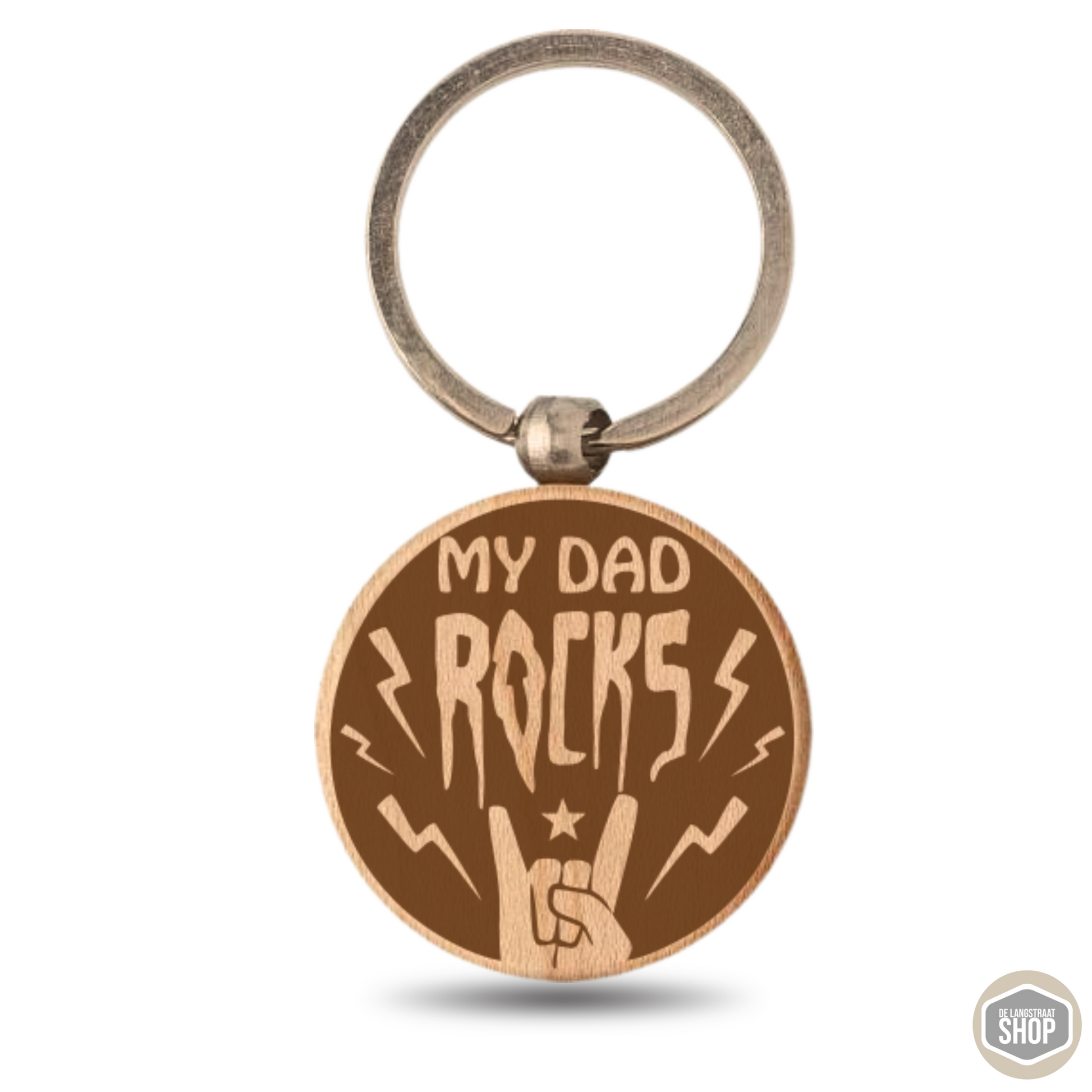 Houten sleutelhanger My Dad Rocks van beukenhout met gravure