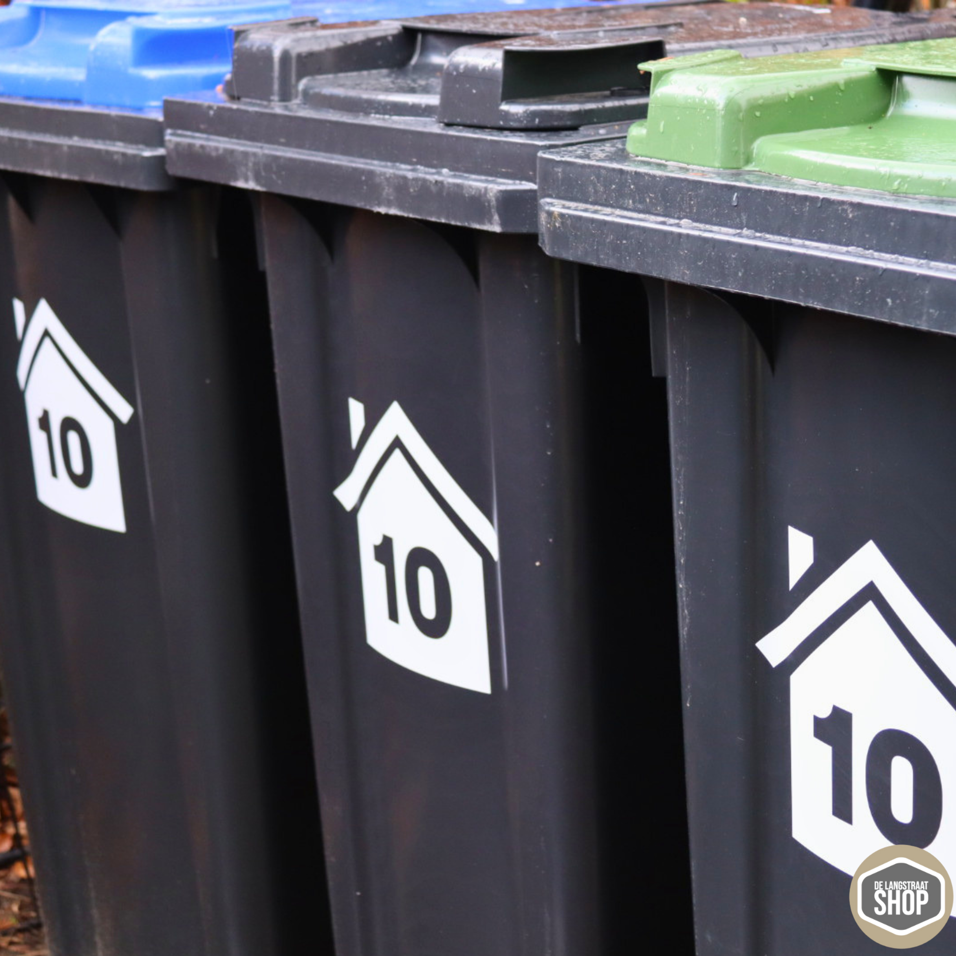 Witte containersticker in huisvorm met huisnummer voor kliko of afvalbakpersoonlijk