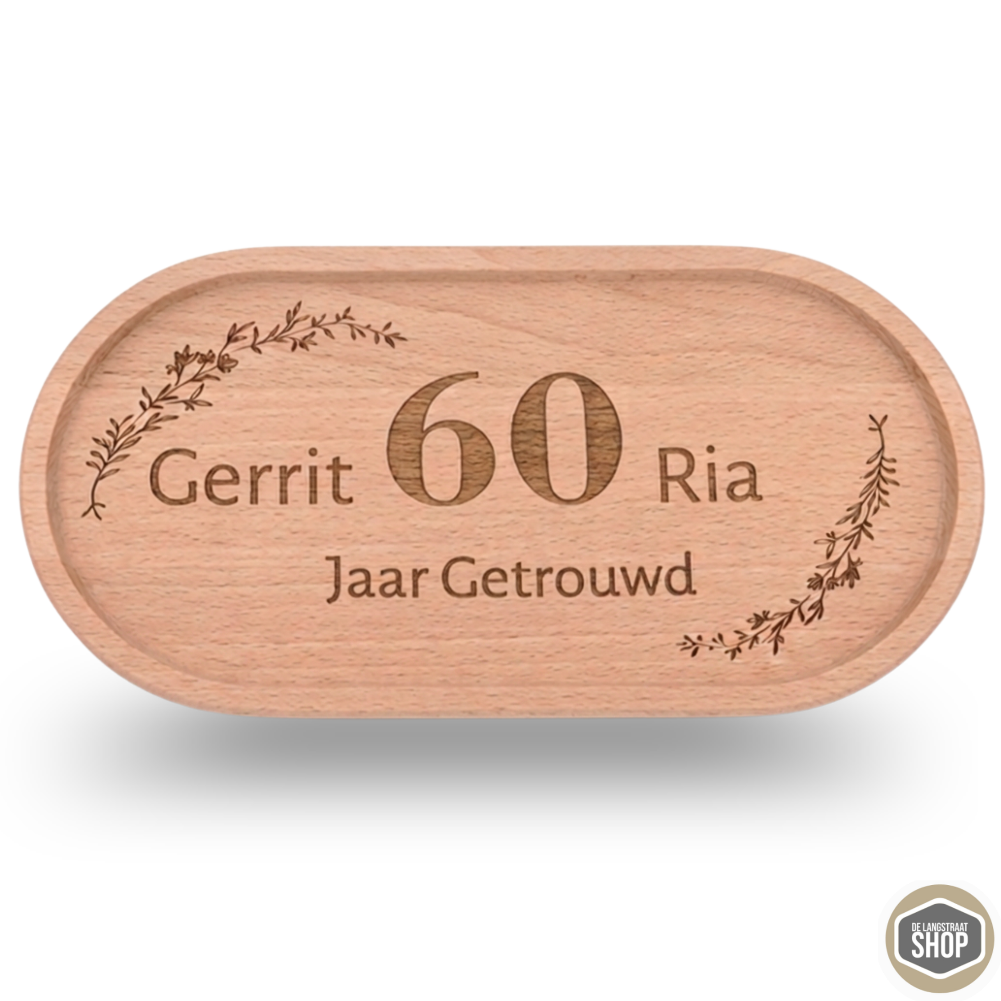 Koffietray van beukenhout met gravure, gebruikt als jubileumcadeau.