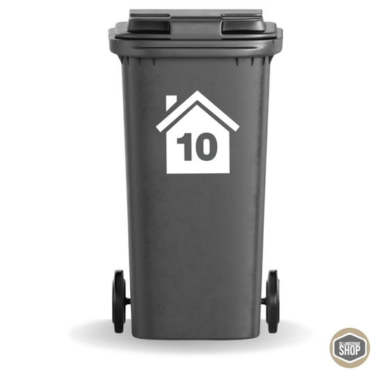 Witte containersticker in huisvorm met huisnummer voor kliko of afvalbak