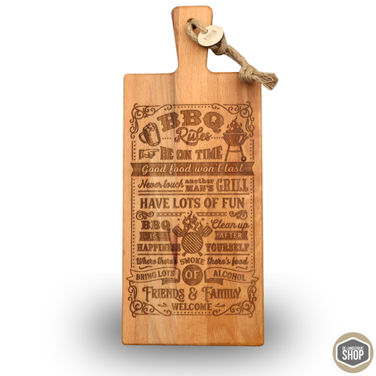 Gepersonaliseerde gegraveerde BBQ-borrelplank van hout, perfect als cadeau voor een BBQ-liefhebber.