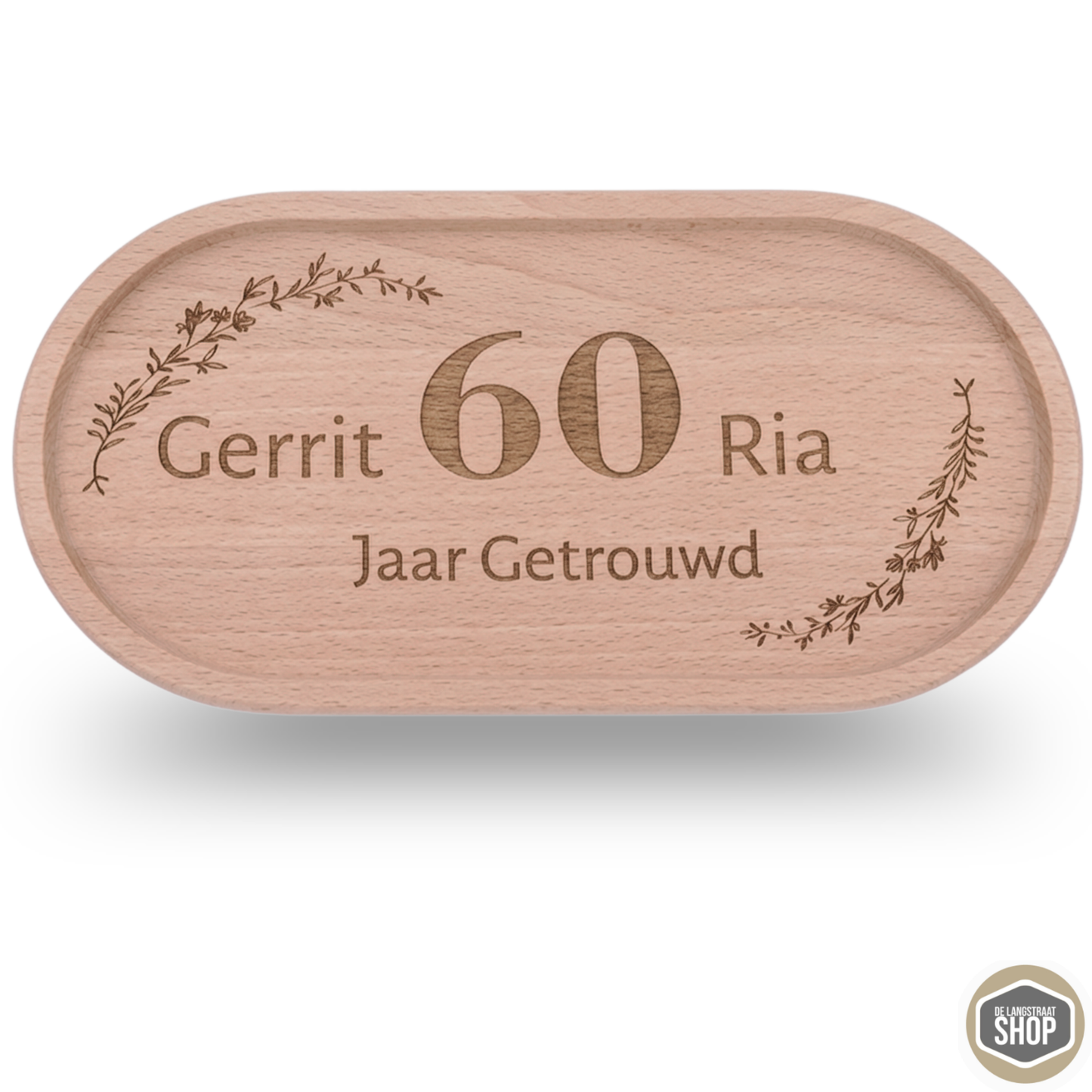 Koffietray van beukenhout met gravure, gebruikt als jubileumcadeau.