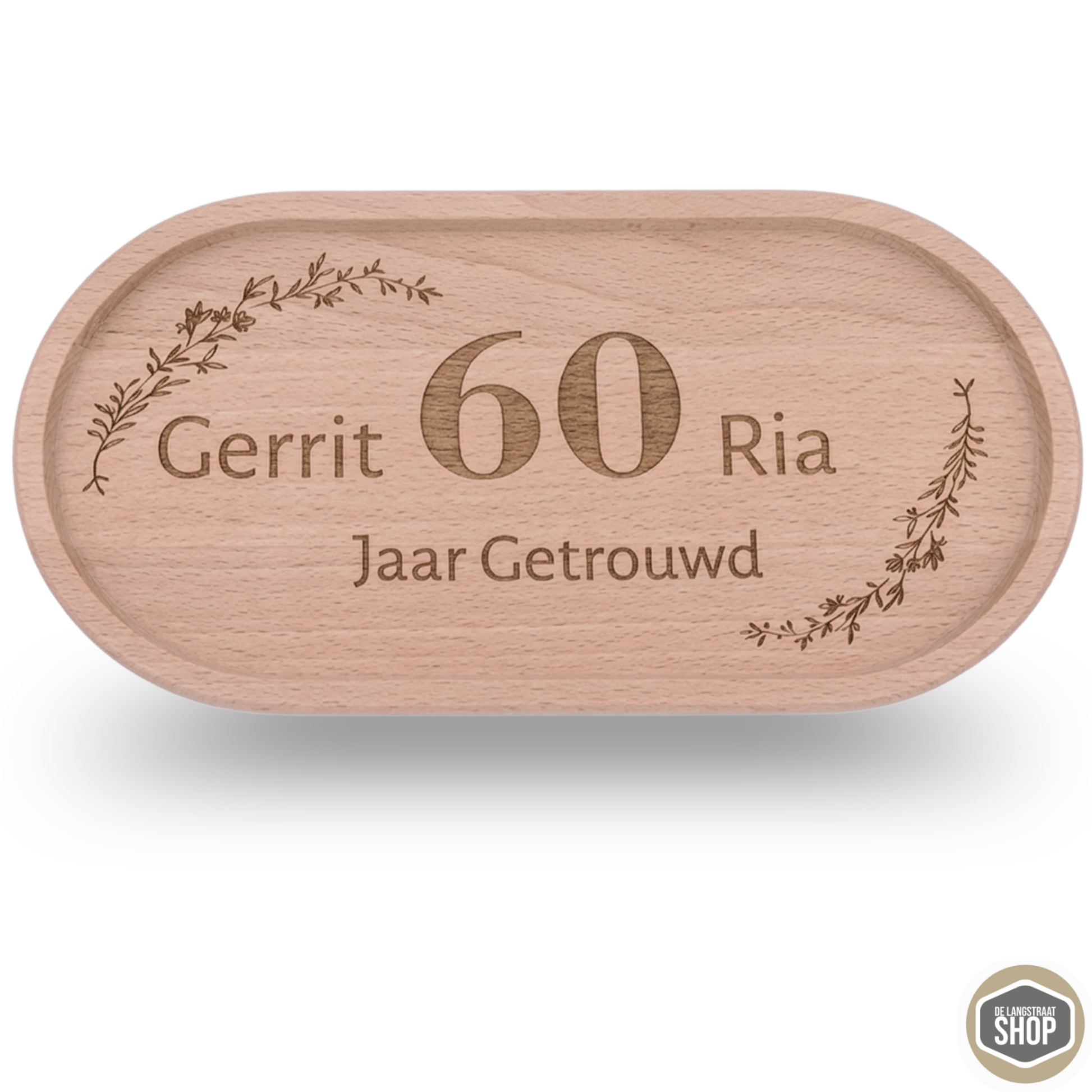 Koffietray van beukenhout met gravure, gebruikt als jubileumcadeau.