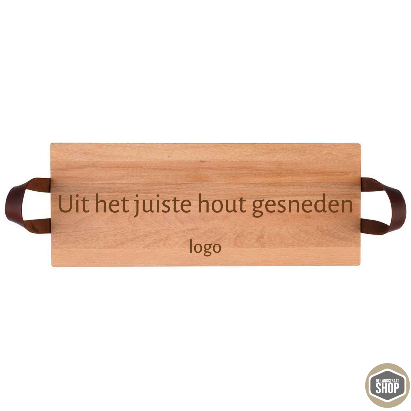 Beukenhouten borrelplank met gravure “Uit het juiste hout gesneden” en logo