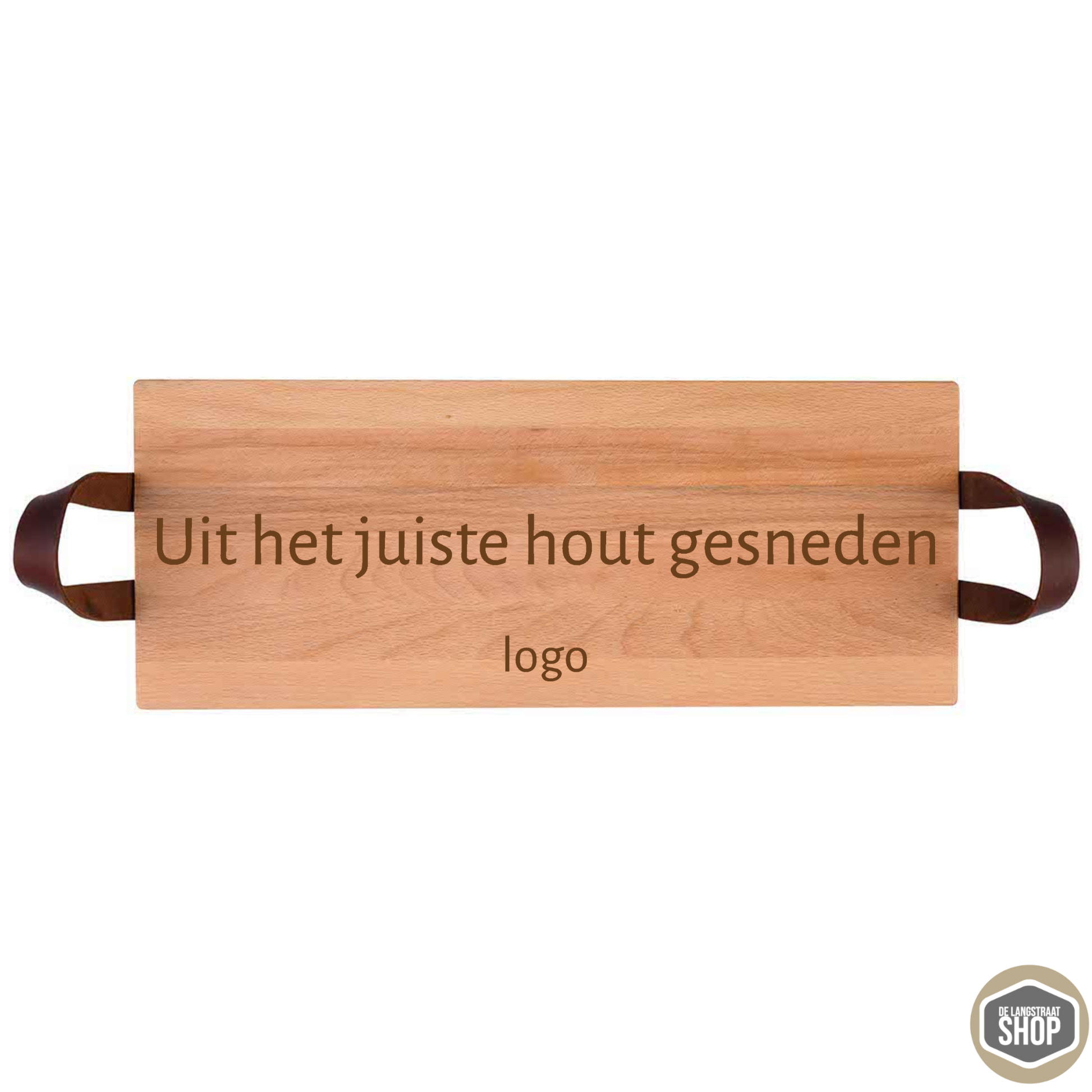 Beukenhouten borrelplank met gravure “Uit het juiste hout gesneden” en logo