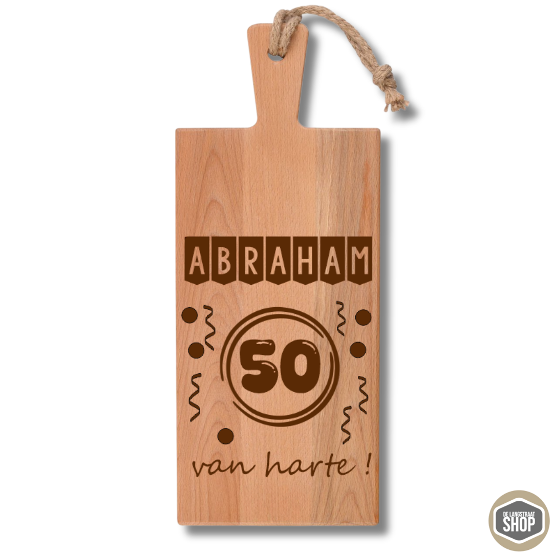Gepersonaliseerde Abraham borrelplank van hout met gegraveerde tekst