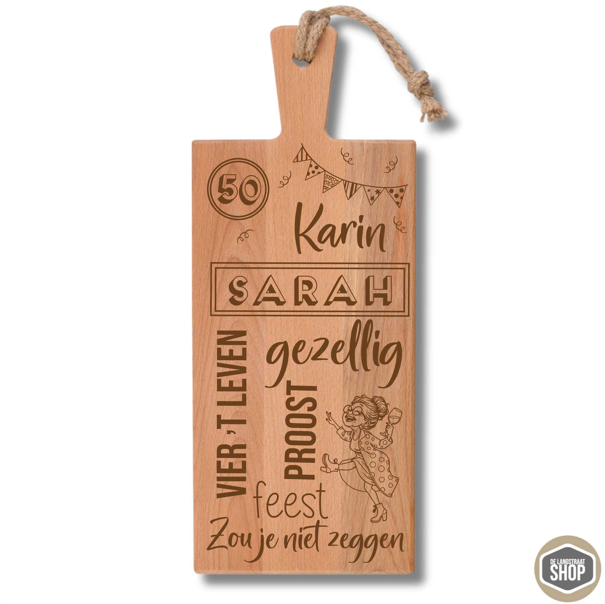 Sarah borrelplank met feestelijke Sarah-afbeelding en teksten voor een 50e verjaardag, leuk cadeau voor een jarige vrouw.