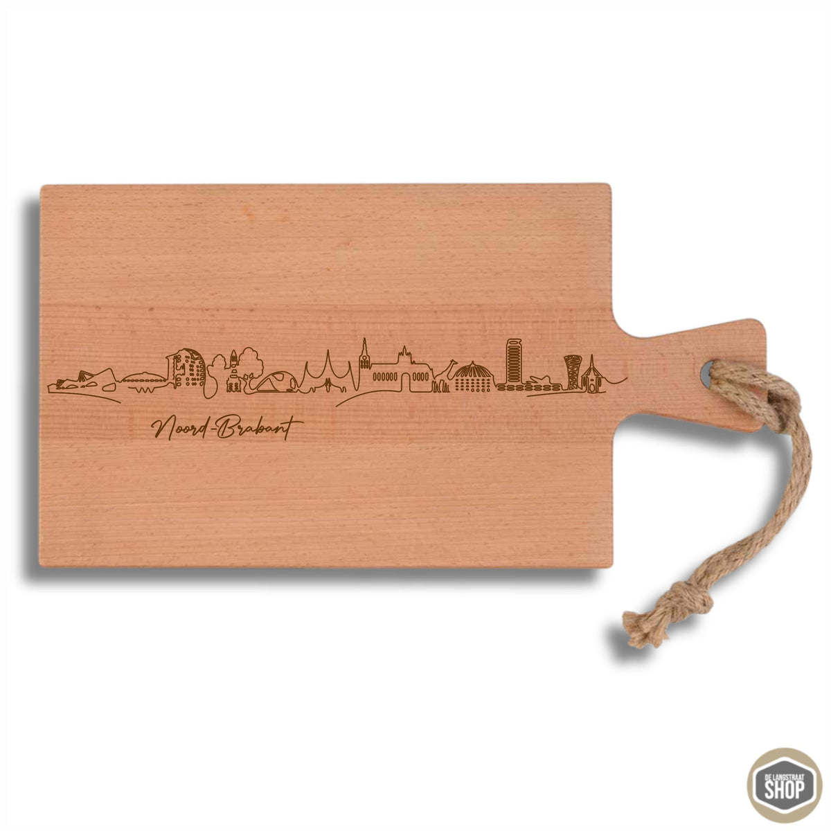 Skyline van Brabant met herkenbare gebouwen en bezienswaardigheden uit de regio, als sfeervolle illustratie voor een gepersonaliseerd cadeau.