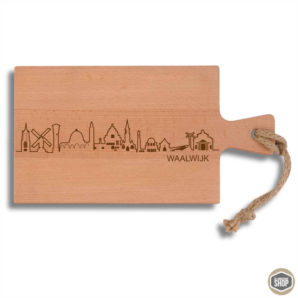 Houten borrelplank met gegraveerde skyline van Waalwijk – uniek lokaal cadeau uit De Langstraat.