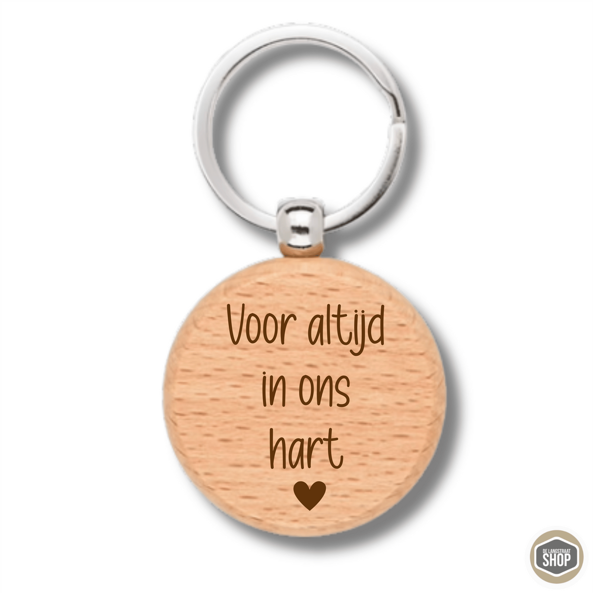 Houten sleutelhanger van massief beukenhout met lasergravure ‘Voor altijd in ons hart’ en metalen sleutelring.