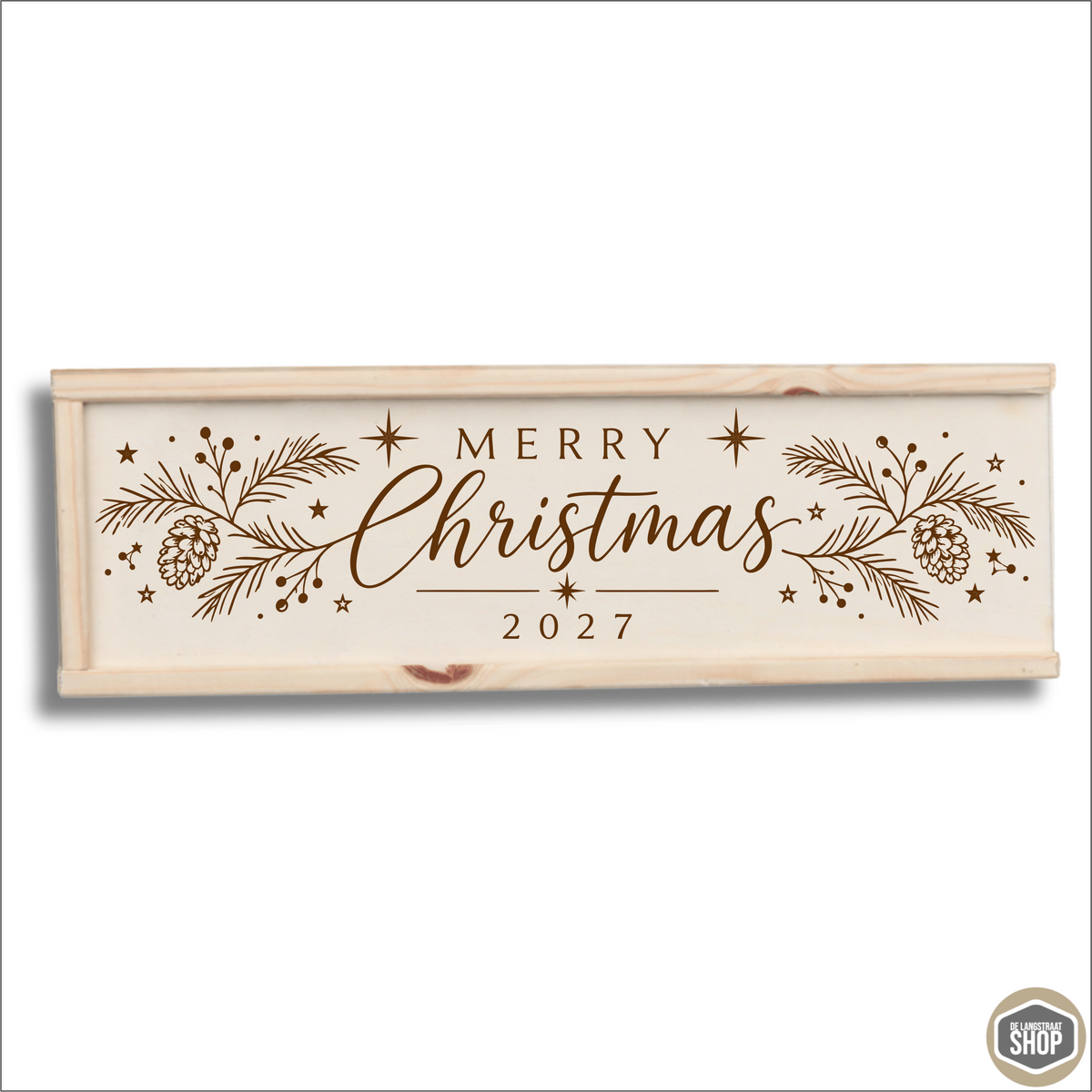 Houten wijnkist met lasergravure Merry Christmas & 2027 op het schuifdeksel.