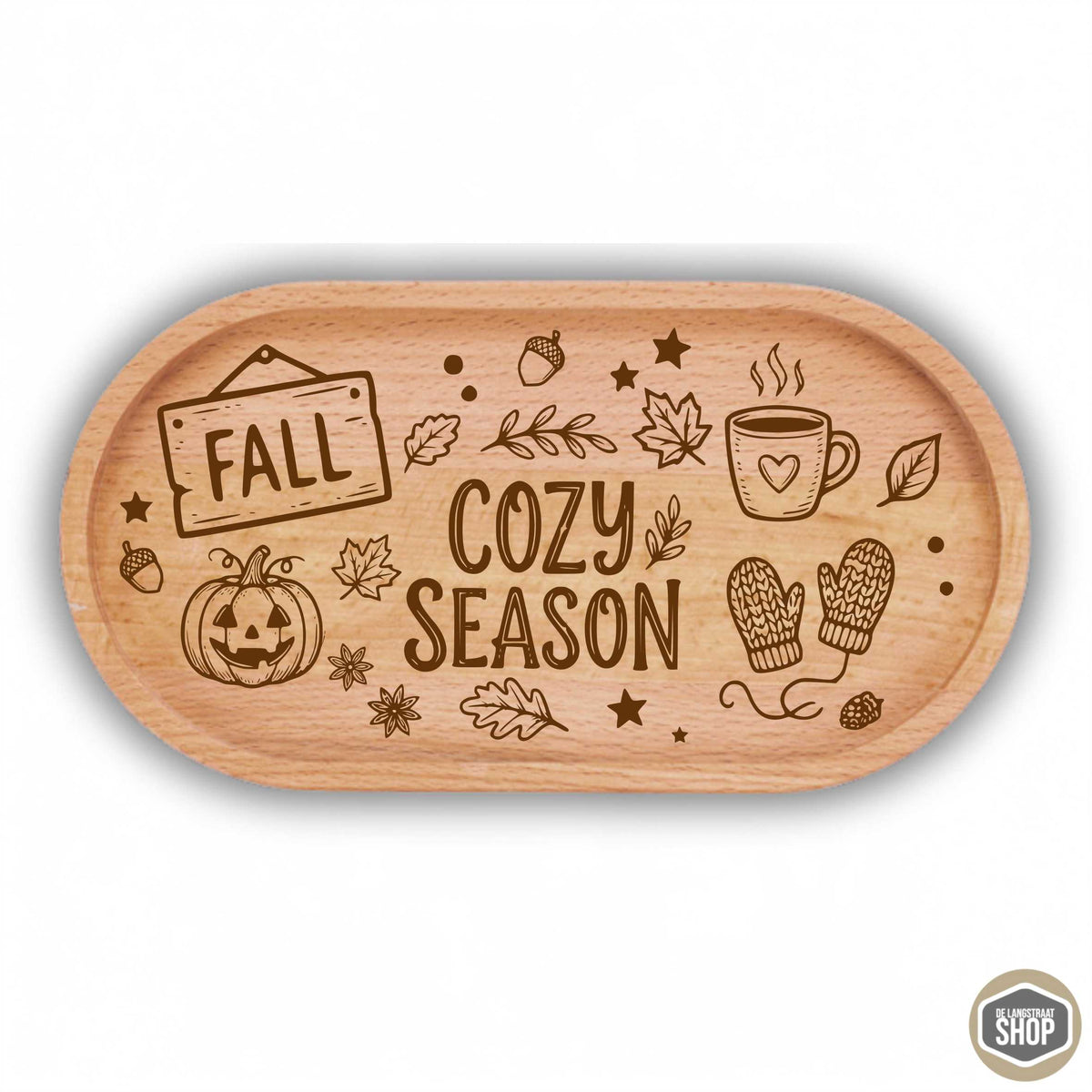 Houten herfst koffietray van beukenhout met sfeervolle herfstgravure