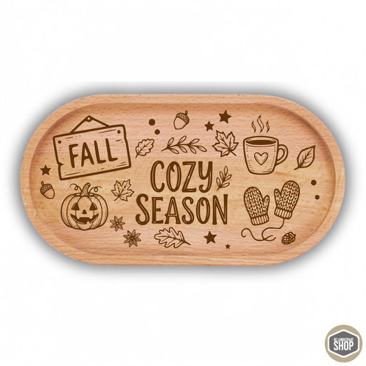 Houten herfst koffietray van beukenhout met sfeervolle herfstgravure