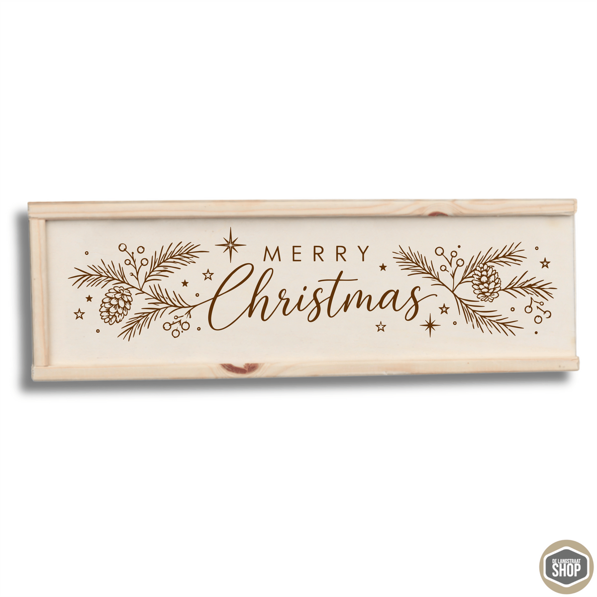Houten wijnkist met gegraveerde tekst Merry Christmas op het schuifdeksel, een feestelijk kerstcadeau.