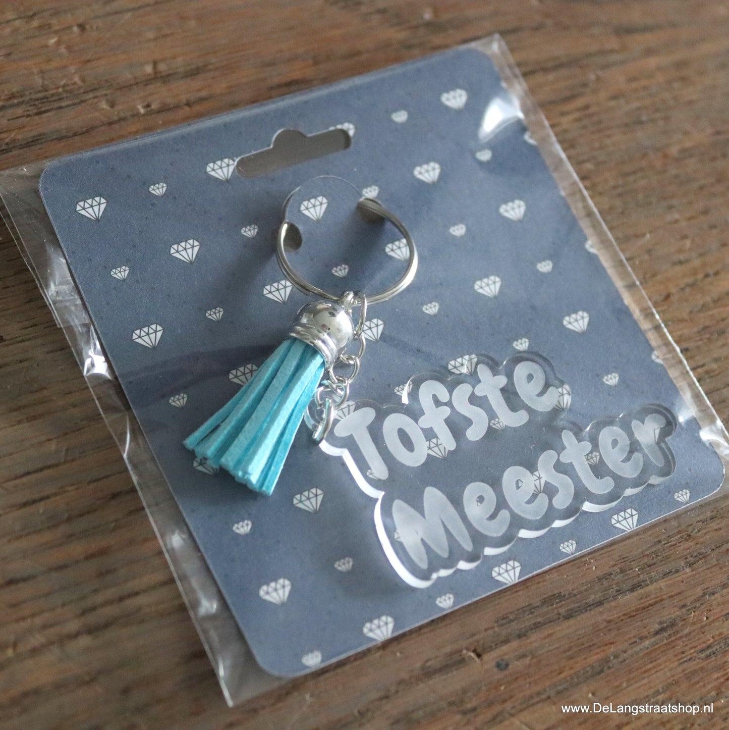 Plexiglas sleutelhanger juf of meester afscheidscadeau met tekst en kwastje