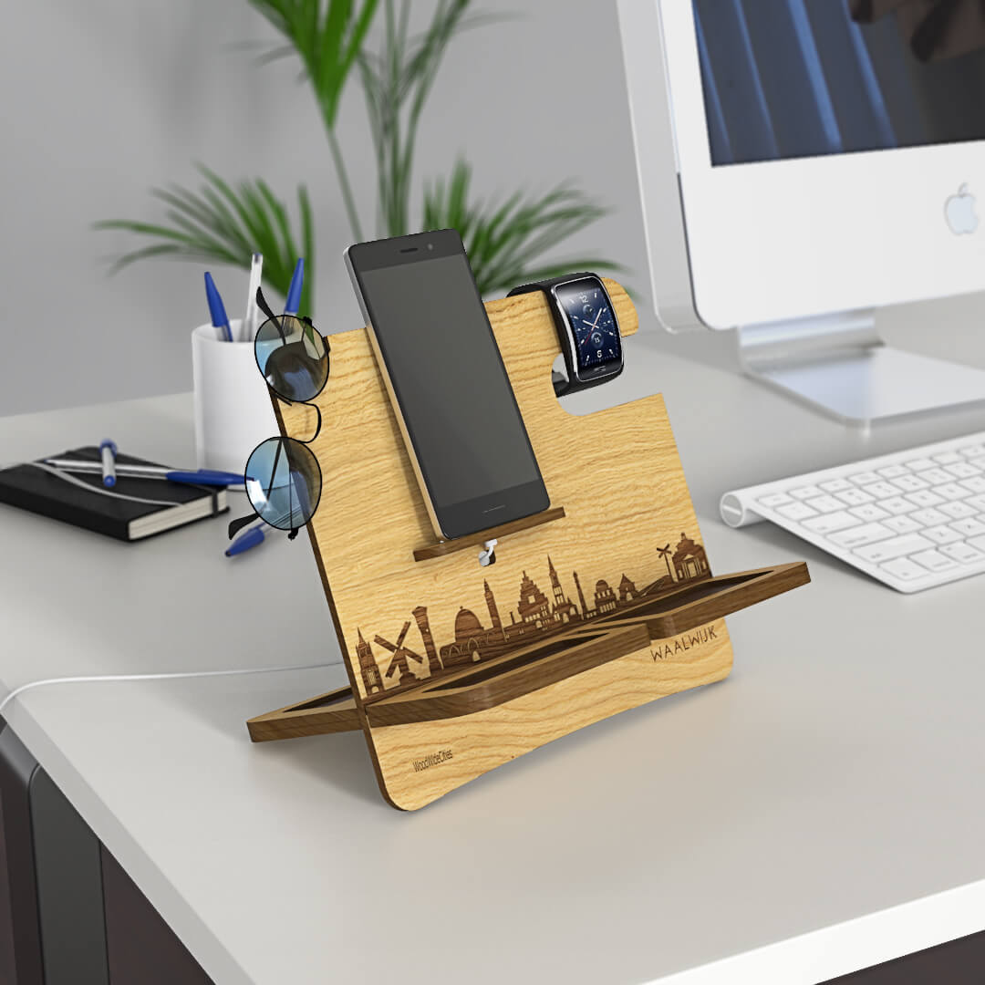 Skyline Waalwijk desk organizer houten bureau organizer met iconische stadsskyline