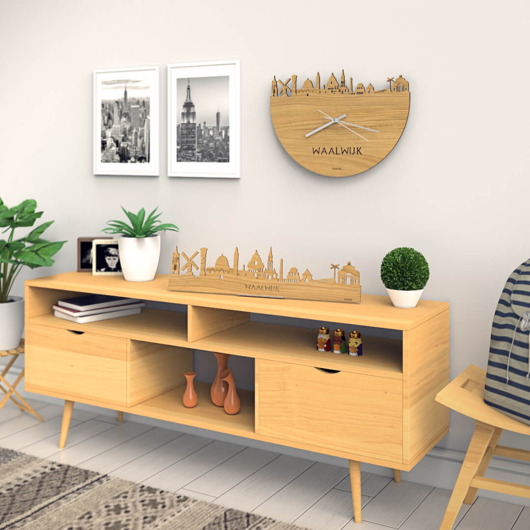Skyline Waalwijk M 60 cm staande houten wanddecoratie met zwevend aluminium voetstuk