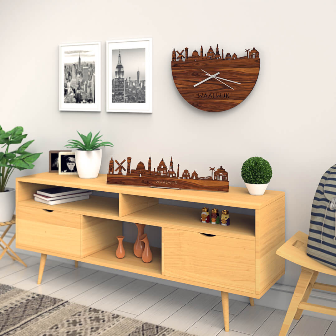 Skyline Waalwijk M 60 cm staande houten wanddecoratie met zwevend aluminium voetstuk